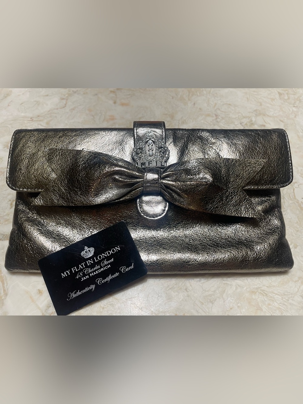 Authentic My Flat in London Metallic Clutch w/ Bow/Crown Jewels Retired Brighton